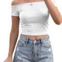 FOMELY Polka Dot Top Off The Shoulder Short Crop Shirts Going Out Blouse (White)