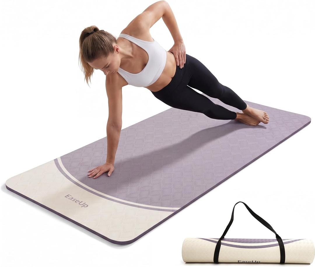 EaseUp 10mm Thick Yoga Mat, 73"×31.5" Extra Wide, Non-Slip with Strap