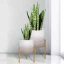 ARNIS Plants Pots with Stand, Set of 2 Indoor Planter Pots, Unique Mid Century Decorative Metal Flower Pots with Drainage,8.25 & 10.5 Inch, Grey and White