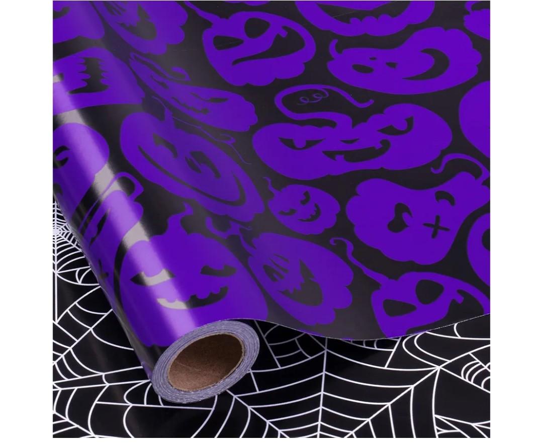 RUSPEPA Reversible Halloween Wrapping Paper, Mini Roll, Black Spider Web and Purple Ghost Design Gift Wrap Paper for Halloween Party, Trick or Treat, Birthday, Holiday Presents, 17 Inches X 32.8 Feet