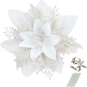 GREENTIME 12 Pcs Glitter Poinsettia 5.5" Artificial Flowers Christmas with Clips Stems Xmas Tree Ornaments for New Year Party Stairs Fireplace Porch Balcony Garden Church Wreath Decoration (White)