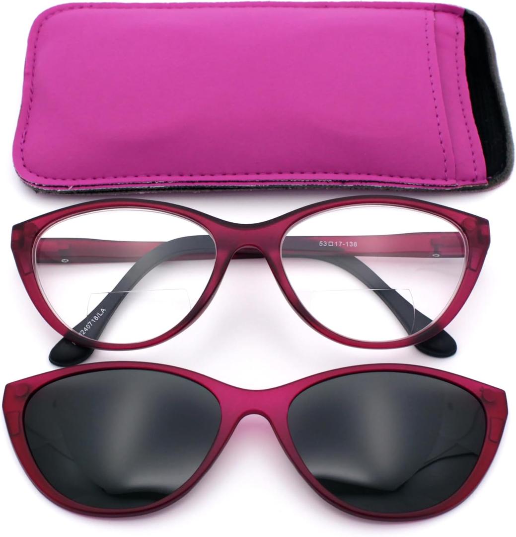 SA106 Cateye Magnetic Clip On Polarized Sunglasses On Bifocal Reading Glasses (Solid Purple)