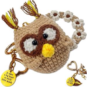 Handmade Crochet Owl Keychain for Teachers, Teacher Appreciation Gift with Daisy Wristlet, Cute Inspirational Bag Charm for Women