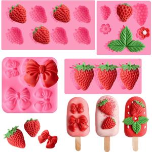 JOERSH 4PCS Strawberry Fondant Molds, Bow Fondant Silicone Molds, Fruit Baking Mold for Cake Decorating, Cupcake Topper, Chocolate, Candy, Candle, Clay