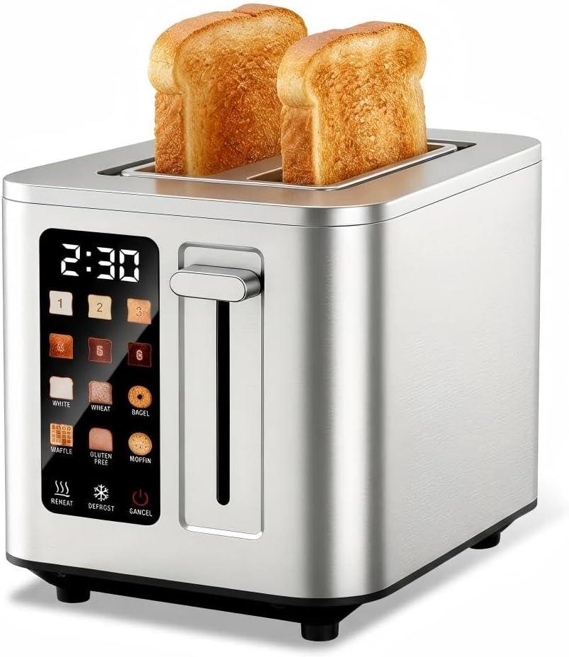 Touch Screen Toaster 2 Slice, Premium Stainless Steel Digital Bread Toaster with Timer, 1.5'' Wide Slot, 6 Shade Settings & 6 Bread Types, Bagel Defrost Reheat Cancel Functions