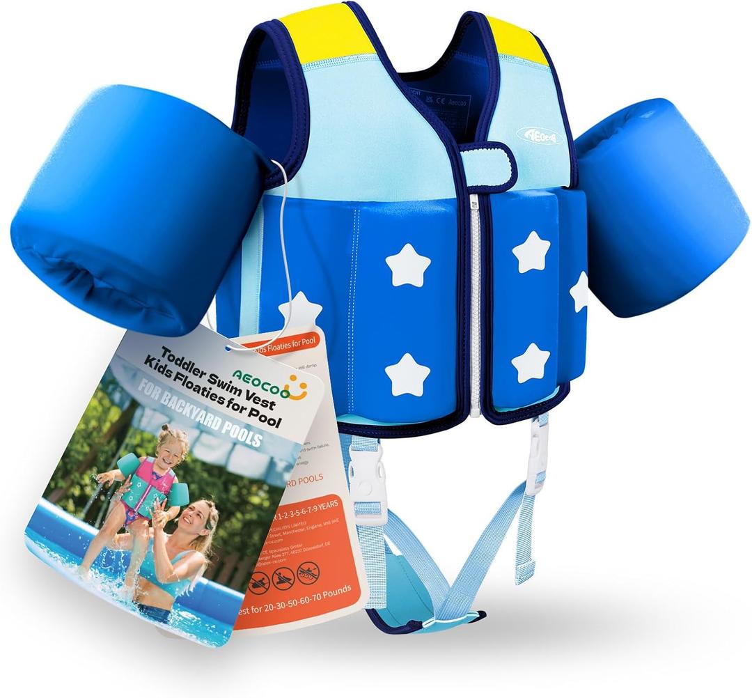 Kids Pool Floaties 1-2-3-5-7-9 Years Old, Toddler Swim Vest 20-30-50-70 Pounds, Comfortable Extended Wear Kids Float Jacket with Crotch Strap, Bright & Colorful Design and Unpadded Sides for Comfort