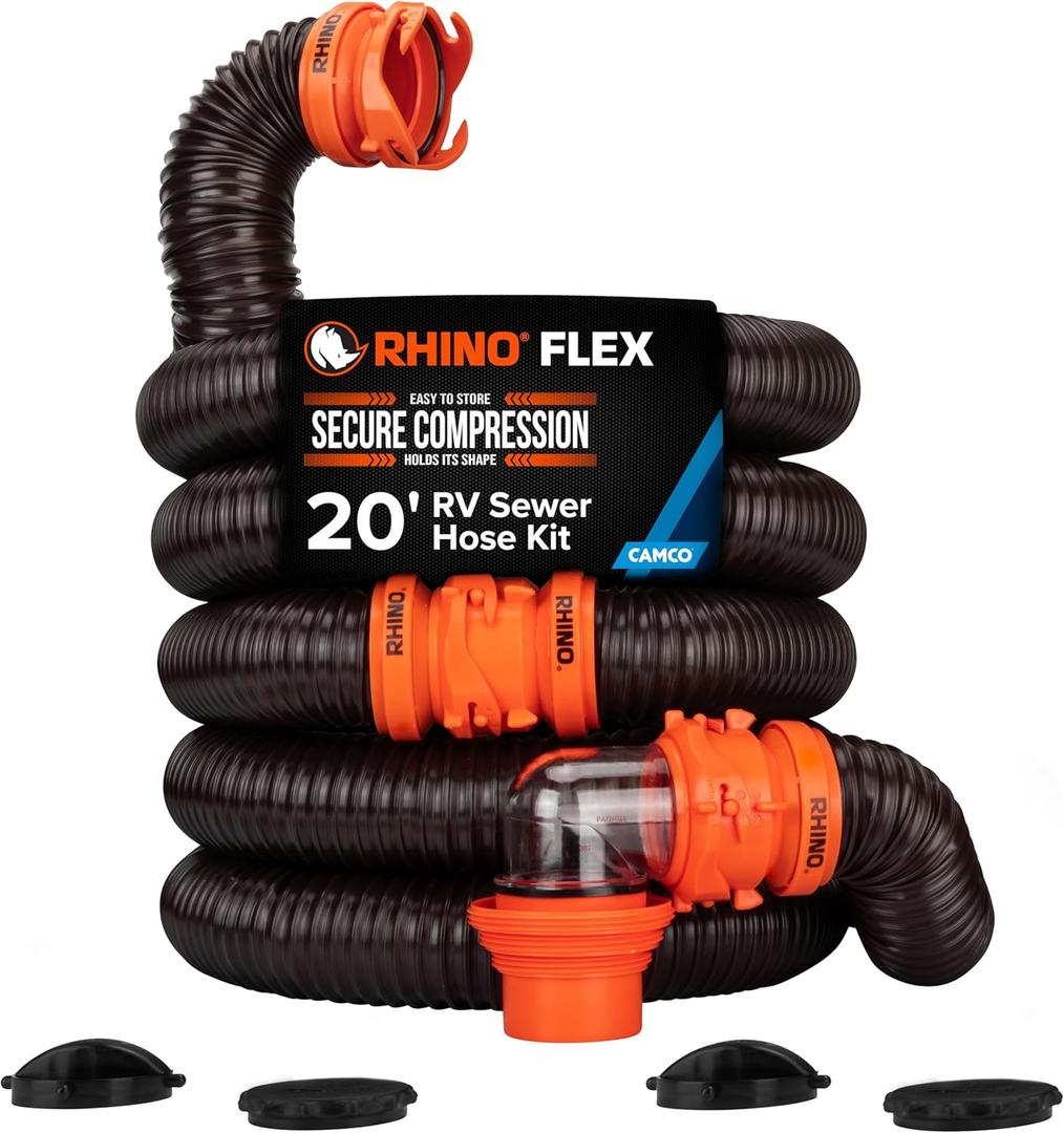Camco RhinoFLEX 20-Ft RV Sewer Hose Kit - Features Clear Elbow Fitting w/Removable 4-in-1 Adapter - Connects to 3 Slip or 3/3.5/4 NPT Threaded Sewer Connection (39742)