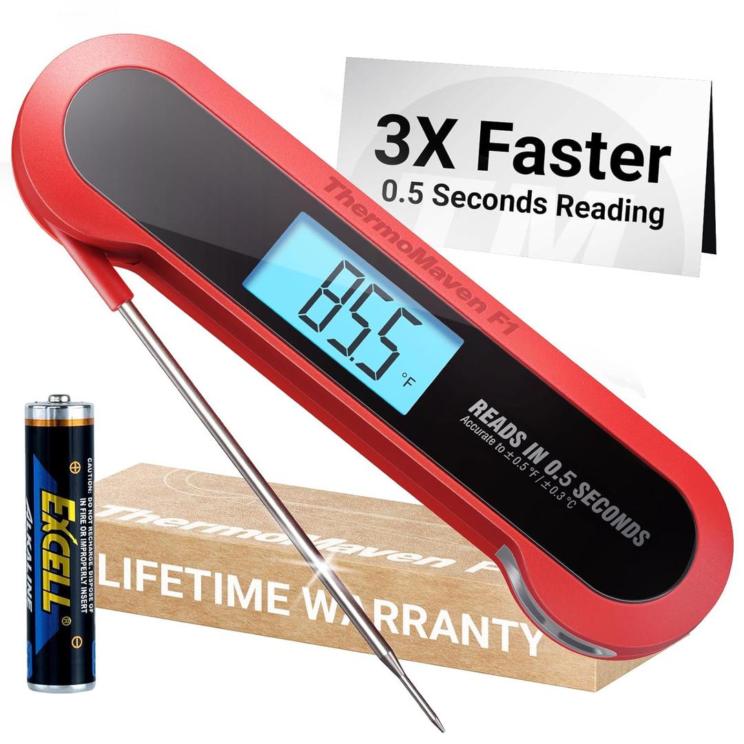 Professional 3X Faster 0.5sec Instant Read Meat Thermometer Digital, High Accuracy 0.5F, IP67 Waterproof, Auto Wake/Sleep & Rotate Display, NSF & NIST Certified, Backlight Fry Oil Candy Thermometer (Red & Black)