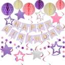 meowtastic Birthday Decorations, Happy Birthday Banner with Honeycomb Balls, Stars Hanging Swirls Streamers, Circle Dots Garland, Happy Birthday Party Decorations for Women Men Boys Girls (Purple)