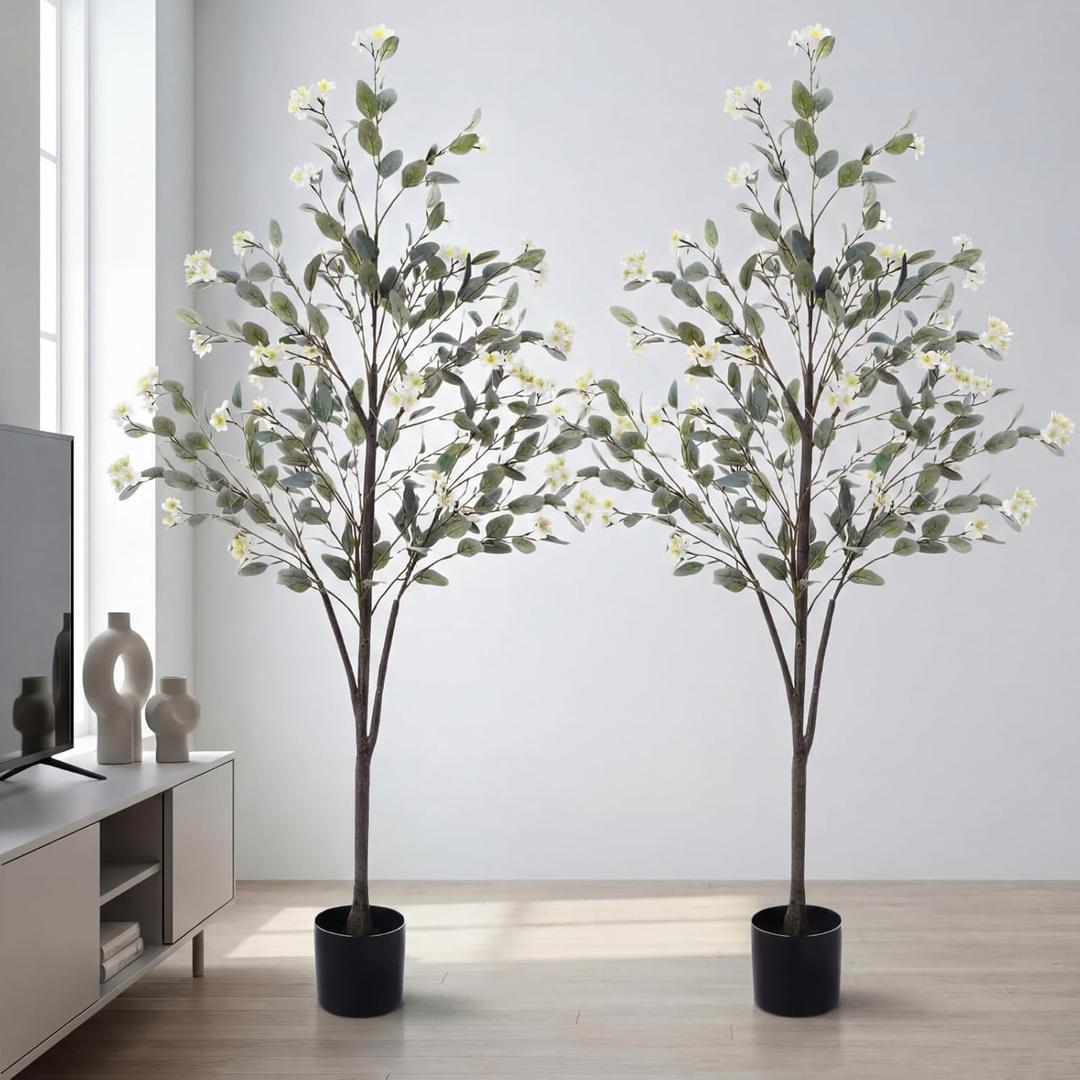 2 Pcs 5ft Artificial Eucalyptus Tree with Flowers Tall Faux Eucalyptus Stems Realistic Fake Bougainvillea Plants for Spring Porch Home Office Indoor Outdoor Decor (White)