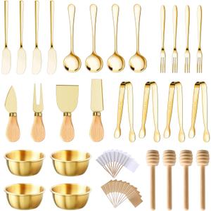 48 Pcs Charcuterie Boards Accessories Butter Spreader Knives Set Stainless Steel Cheese Mini Serving Tongs Spoons Forks Dipping Bowls Toothpick Flags Utensils for Pastry Making Wedding Christmas(Gold)