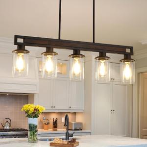 Farmhouse Dining Room Light Fixture Over Table, 5-Light Wood Kitchen Island Lighting, Black Adjustable Pendant Light with Clear Glass Shades, Linear Chandeliers Lighting for Kitchen