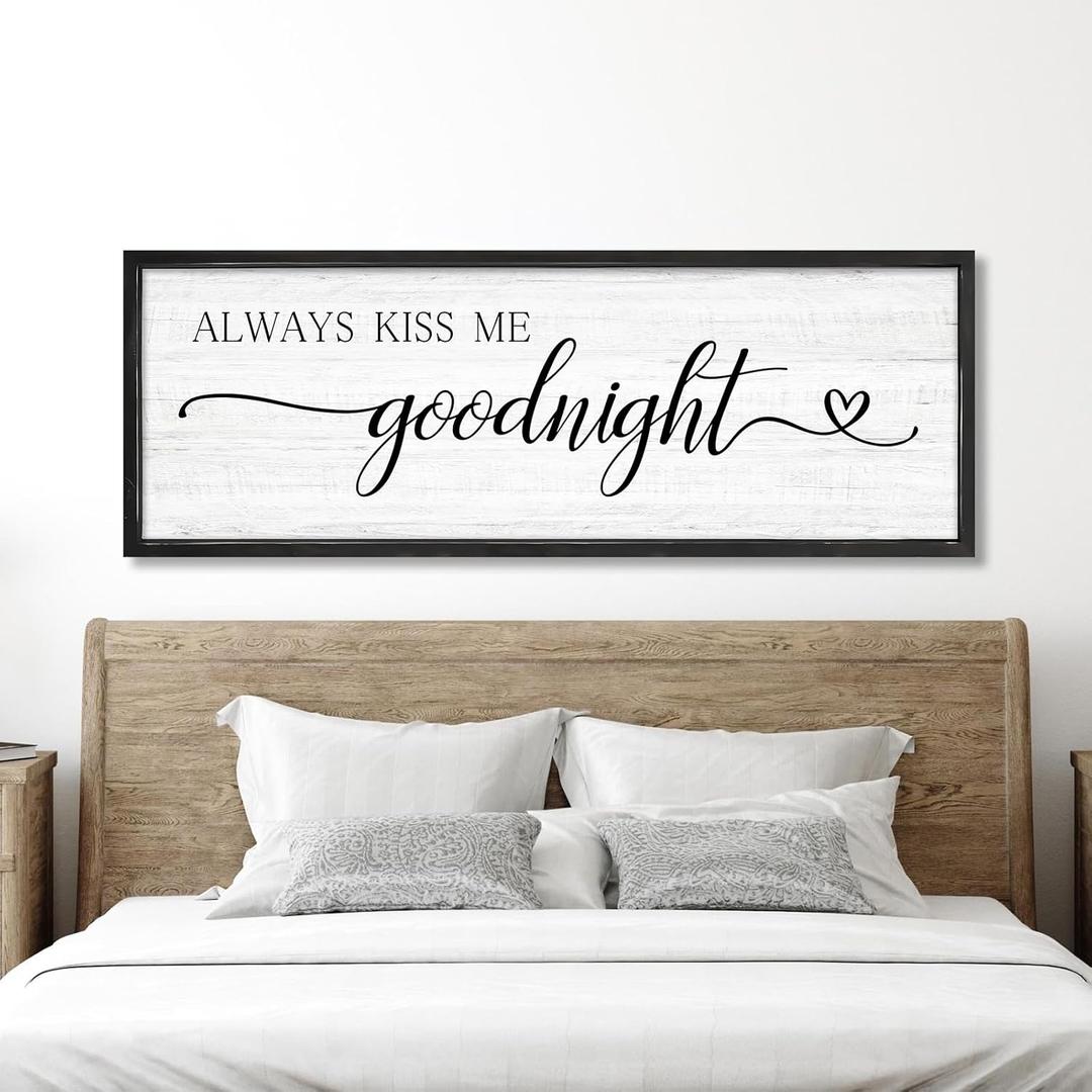 Always Kiss Me Goodnight Wall Sign Above Bed 41.3''15'' Large Farmhouse Wall Decor for Bedroom Couples Room Decor Framed Wood Wall Art Rustic Master Bedroom Wall Decoration (black frame)