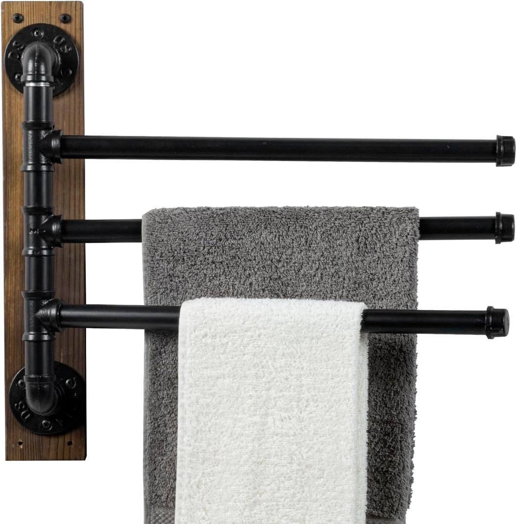 MyGift Swivel Towel Rack, Wall Mounted Towel Holder with 3 Tier Industrial Metal Pipe Towel Bars, Wooden Base Rustproof Swing Out Towel Hanger for Bathroom, Kitchen, Pool (Brown) (Burnt Wood / Black)