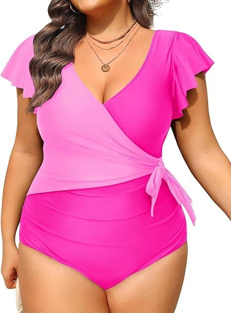 Tempt Me Women Plus Size One Piece Swimsuits - Tummy Control Bathing Suits 2025 Color Block Swimwear (16W)