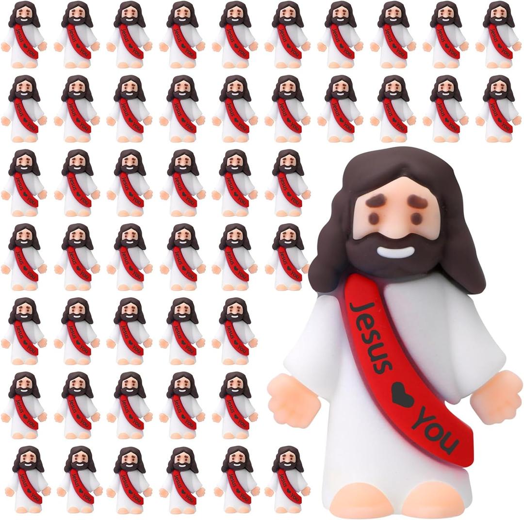 Bememo 50 Pcs Mini Jesus Figures Easter Jesus Loves You Christ Toys Little Christ Figures to Hide and Seek Sunday School Religious Party Favors Gift for Easter Egg Stuffers(Red)