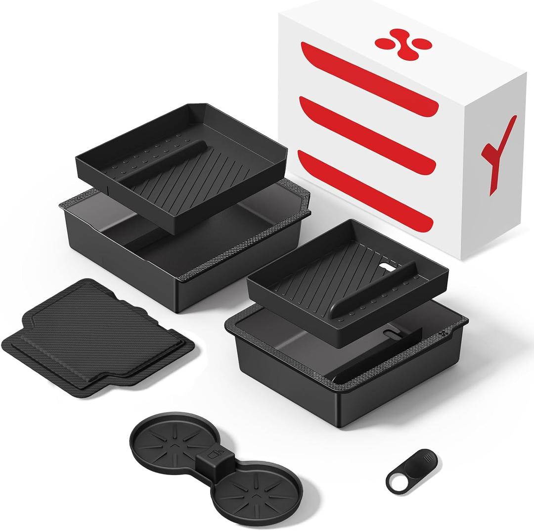 Center Console Organizer Tray for Tesla New Model Y Juniper Accessories 2025 2026(Material PC Superior), Cup Holder, Hidden Storage Box & Armrest Drawer Organizer
