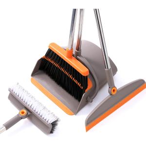 Multifunction 3-in-1 Broom and Dustpan, Silicone broom Squeegee and Scrub Brush Set with Long Adjustable Handle for Indoor & Outdoor Sweeping and Scrubbing, Ideal for Pet Hair, Liquids Spills and Dirt (Orange and Grey)