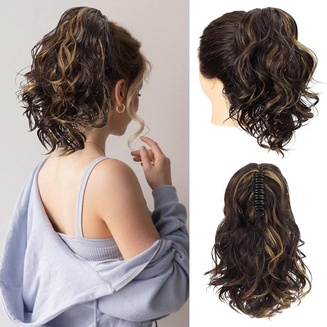 SEIKEA 12" Short Claw Highlight Ponytail Extension, PT001 Ella Wavy Curly Thick Jaw Clip in Hair Extensions Ponytail Soft Natural Looking Synthetic Hairpiece Dark Brown Golden Blonde Highlights