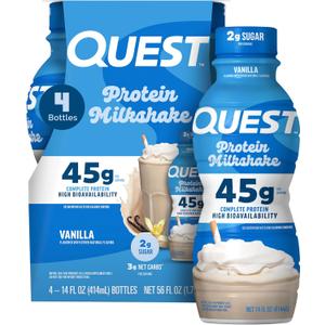 Quest Nutrition Vanilla Protein Shake, 45g Protein, 2g Sugar, 3g Net Carbs, Ready to Drink, Gluten Free, 4 Count (EXP 04/15/27)
