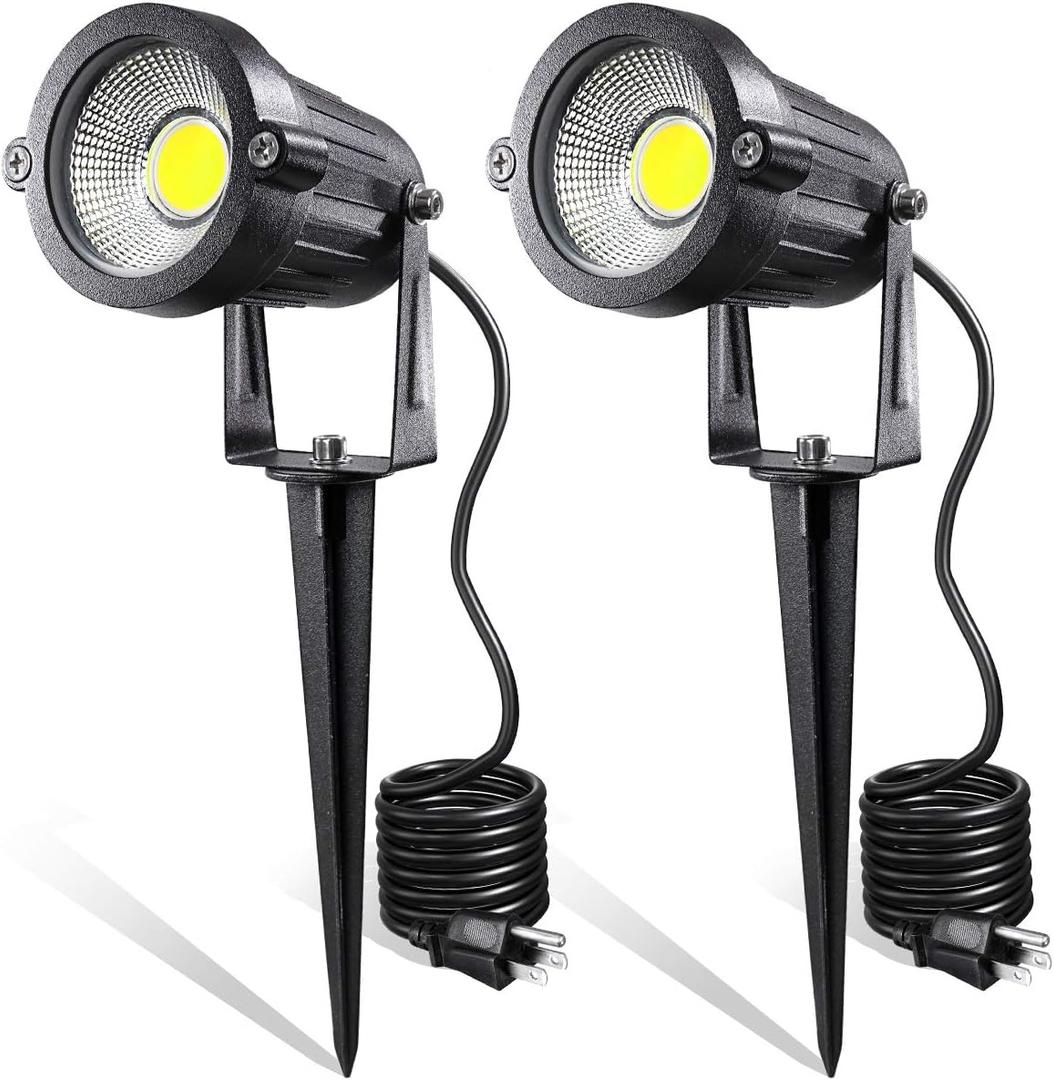 LED Landscape Lights,5W 120V AC Outdoor Pathway Garden Yard Spotlight,IP65 Waterproof Garden Flood Light,Outdoor Spotlight with Stake,UL Cord 5-ft with Plug (Pack of 2, Daylight White)