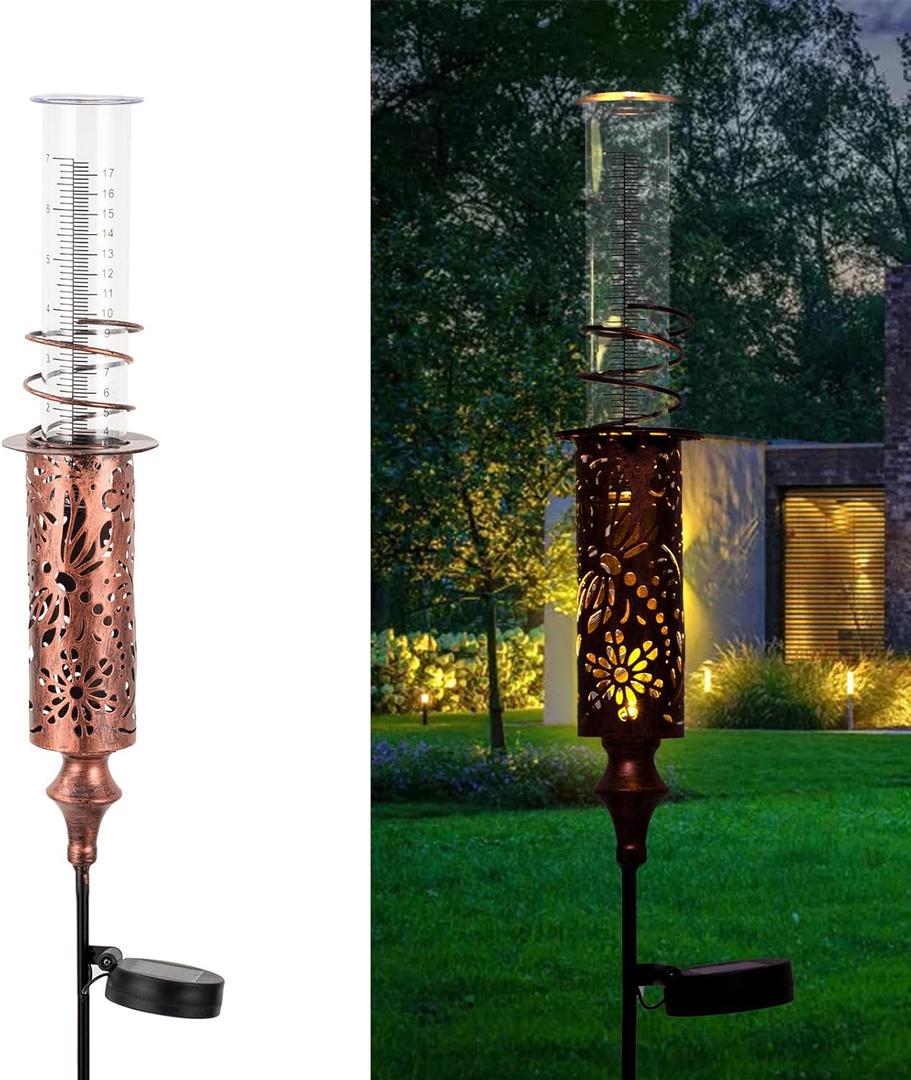 Rain Gauge Outdoor, Solar Rain Gauges for Yard, Freeze Proof Rain Gauge with 7" Plastic Tube, Copper Metal Decorative Garden Stake with Led Light, Brown