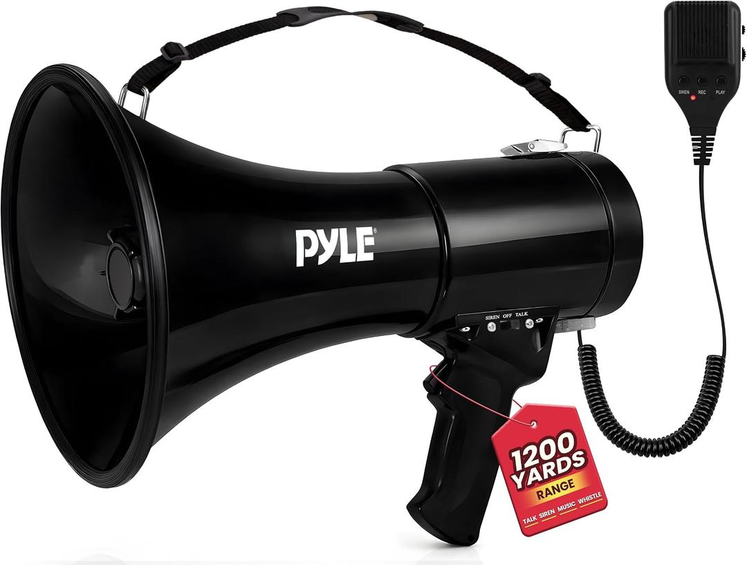 Pyle 50W Megaphone Bullhorn - Portable, Automatic Siren & Adjustable Volume, Projection Range Up to 1200 Square Yards, Aux Input, Talk, Siren, Music, Whistle, & Record, Shoulder Strap