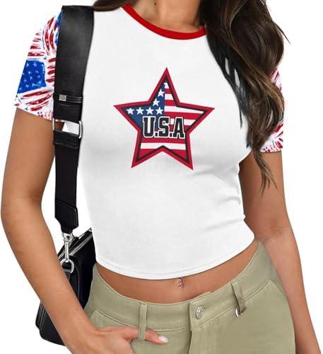 America Shirt for Women American Flag Tee Shirts Short Sleeve 4th of July Patriotic Shirts Tops (Large, Grey)