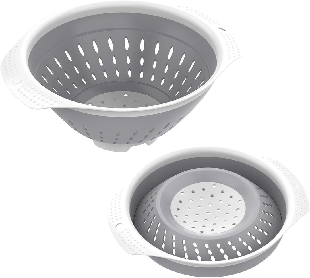 5 Quart Collapsible Colander，BPA Free，Dishwasher Safe，Silicone Food Strainer with Plastic Handles，Heavy Duty Foldable Heat Resistant Pasta and Veggies Kitchen Drainer Steam Basket，Gray