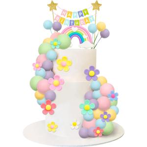 39 Pcs Pastel Balls Cake Toppers Daisy Flower Cupcake Decoration Boho Rainbow Cake Topper with Happy Birthday Banner for 70s Groovy Hippie Party Supplies