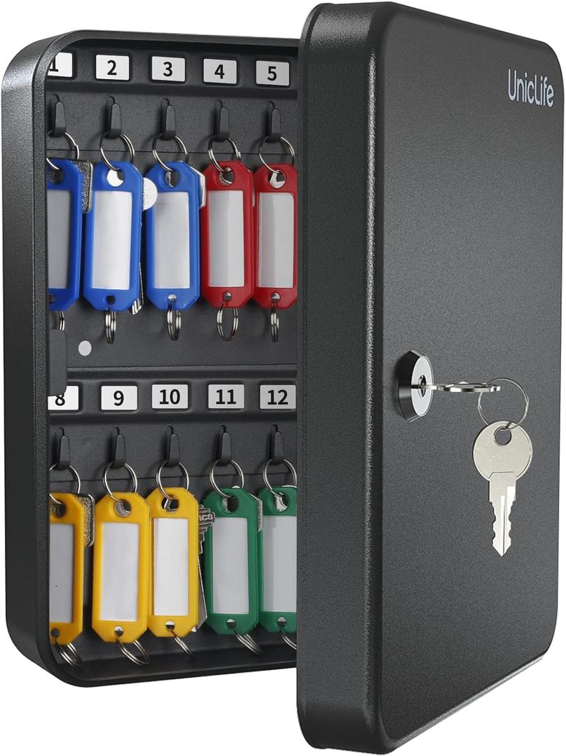 Uniclife Steel Key Cabinet Wall Mounted Organizer - 28 Keys, 2 Unlocking Keys - Black Frosted Security Box with Hooks and Color-Coded Labels