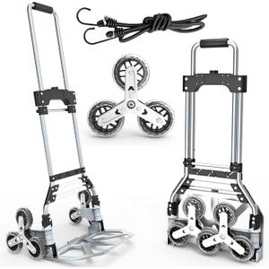 Stair Climbing Cart, 220 LBS Aluminum Stair Climber Dolly, Heavy Duty Folding Hand Truck Dolly with 6 Wheels, Telescoping Handle and Elastic Rope for Home, Moving, Groceries, Warehouse