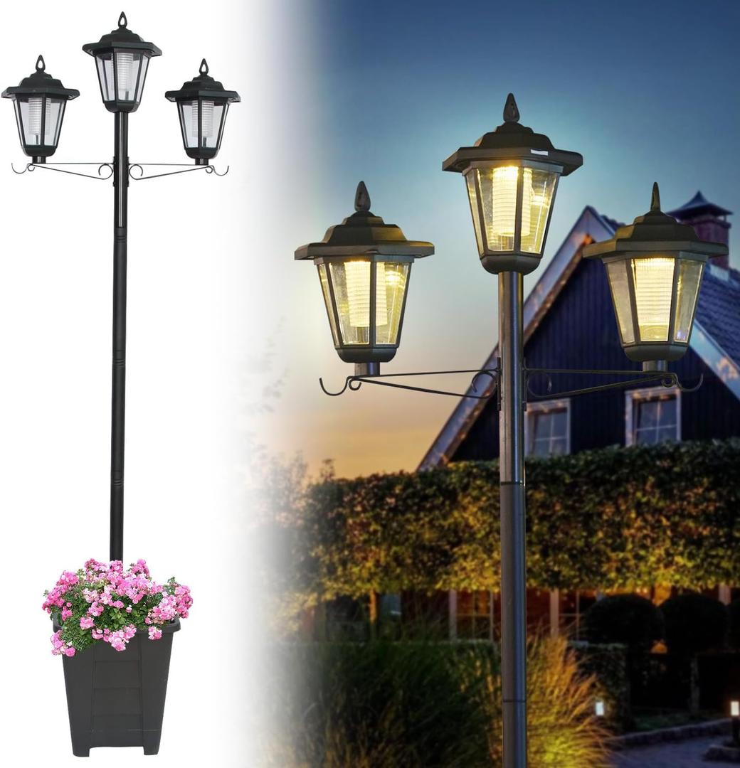 68" Solar Lamp Post Light with Planter,3-Head Solar Pole Light Outdoor Waterproof for Porch,Yard,Driveway,Garden,Patio Decor (1 Pack)