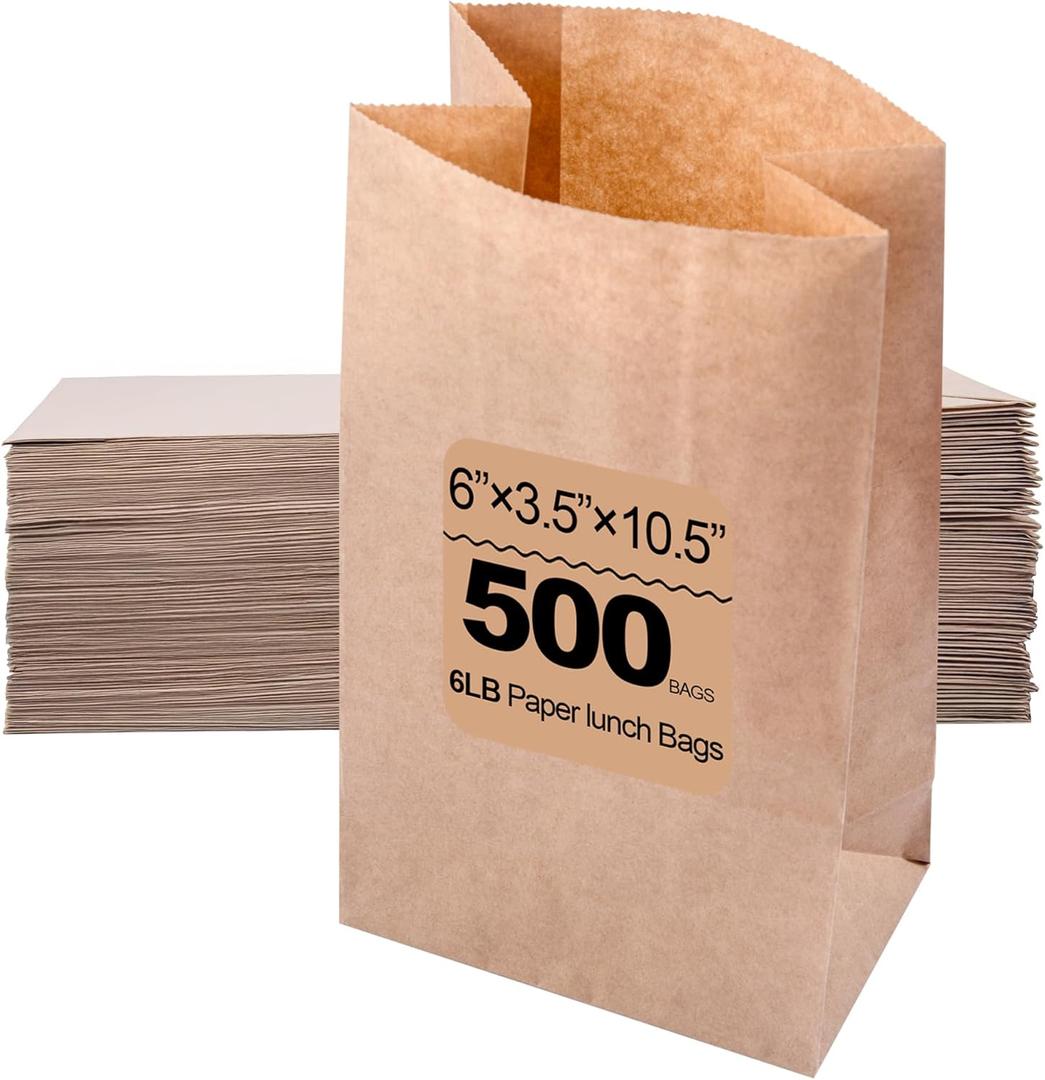 Brown Paper Bags,paper lunch bags,6" x 3.5" x 10.5" 500 Count 6 lbs Bulk Paper Lunch Bags,Perfect for Small LunchesCrafts CraftsSandwichesSnacks