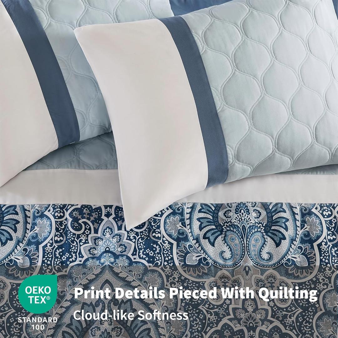 510 DESIGN Luxe Quilted Bed Set Modern Transitional Design, All Season Down Alternative Warm Decorative Pillow, Queen, Shawnee Scrollwork Blue