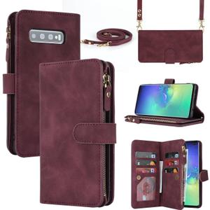 iCoverCase for Samsung Galaxy S10 Plus Wallet Case with Card Holder for Women, Crossbody Lanyard Strap Kickstand PU Leather Case with Zipper Pocket Credit Card Slots Cover (Claret)
