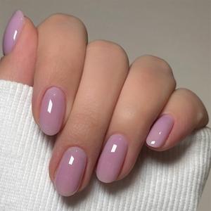 Purple Press on Nails Short Almond Fake Nails Reusable False Nails Natural Nails Solid Colour Glossy Glue on Nails Acrylic Nails for Women Girls 24Pcs