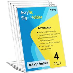 Argvey 4 Pack Acrylic Sign Holder 8.5x11, Clear Plastic Slanted Back Sign Holders, Desktop Papers Menus Frame Flyer Document Holder Display Stand for Coffee Shops, Hotels, Offices, Public Spaces
