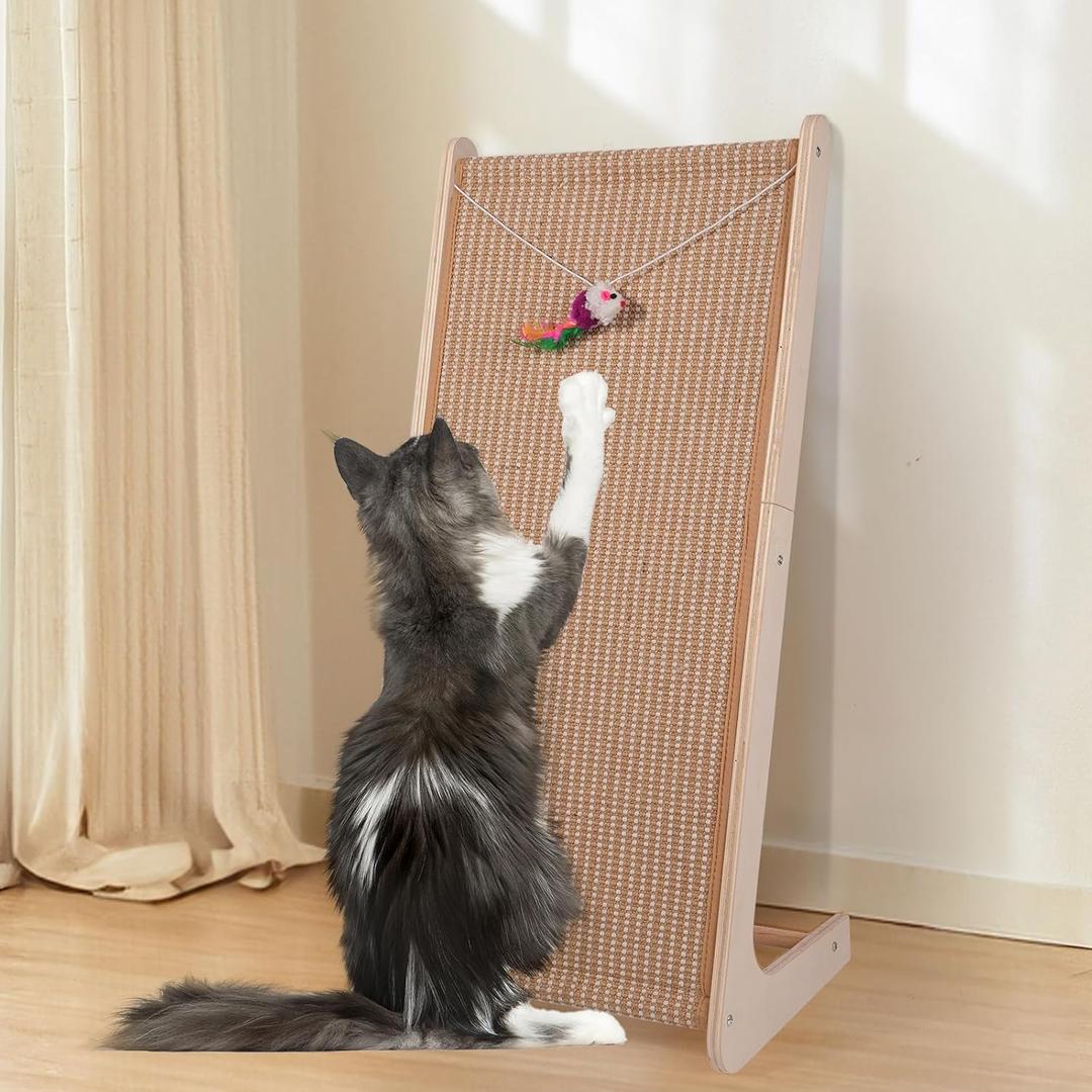 Sisal Cat Scratchers for Indoor Cats, 26.8'' L-Shape Cat Scratching Board, Solid Wooden Cats Scratch Pad with Mouse Toy, Large Cats Scratching Posts to Protect Furniture(Ramp Scratcher)