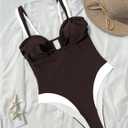 WDIRARA Women's Contrast Trim One Piece Swimsuit Spaghetti Strap High Cut Swimwear (Brown, XL)