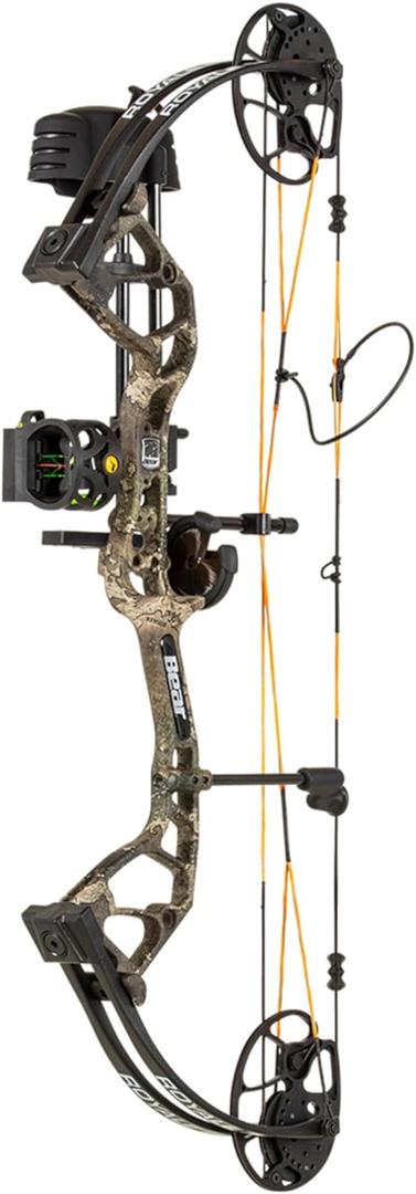 Bear Archery Royale Ready to Hunt Compound Bow Package for Adults and Youth, 12- 27 Draw Length, 5-50 Lbs Draw Weight, Up to 290 FPS, Limbs Made in USA (True Timber Strata)