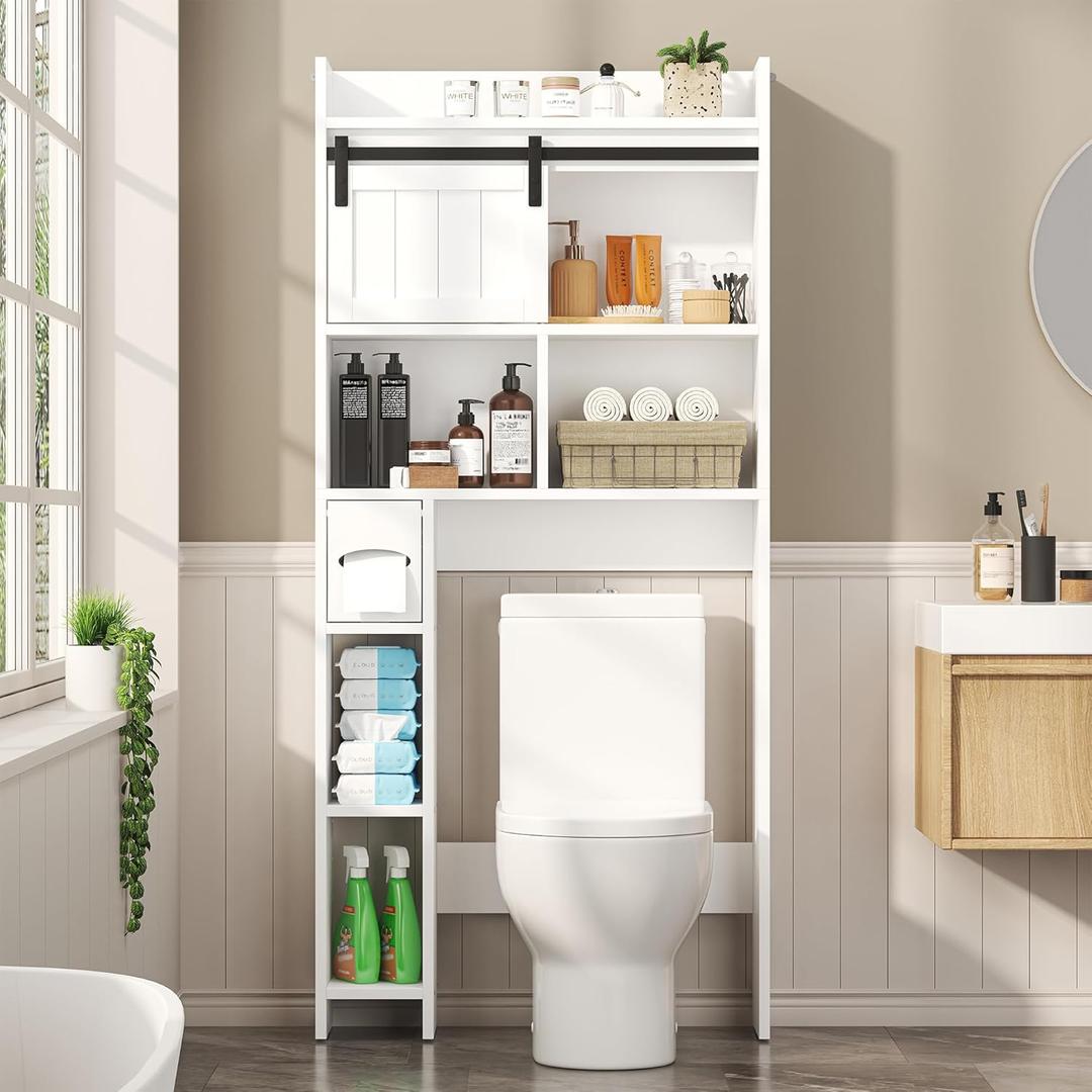 White Over The Toilet Storage Cabinet, Above Toilet Shelf with Sliding Door & Toilet Paper Holder Stand, Behind Toilet Bathroom Organizer with Side Storage Rack for Bathroom, Restroom, White