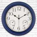 BEW Outdoor Clock for Patio Waterproof with Thermometer, 12 in Small Outdoor Wall Clocks Silent Battery Operated, Retro Indoor Outdoor Clock for Kitchen/Pool/Backyard/Lanai/Fence, Navy