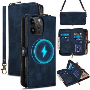 Rssviss Wallet Case for iPhone 16 Pro Crossbody with Card Holder Wrist Strap, Flip Zipper Case Compatible with Magsafe, RFID Blocking Purse Cover for iPhone 16 Pro Women Men 6.3 inch DarkBlue