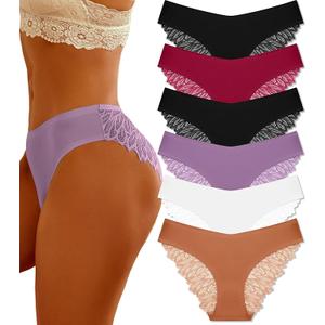 FINETOO 6 Pack Sexy Underwear for Women Silky Seamless No Show Panties Ladies Lace Bikini Lightweight Cheeky Hipster M