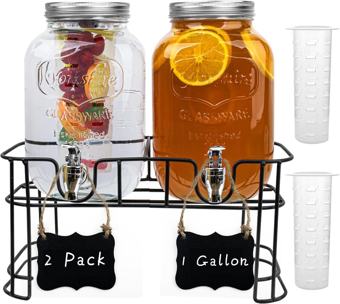 1 Gallon Drink Dispenser with Stand,2 Pack Beverage Dispenser with Stand,Glass Water Juice Dispensers Punch Bowl for Parties