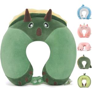Niuniu Daddy Dinosaur Kids Travel Neck Pillow Road Trip Essentials for 3-8 Years Old, Memory Foam Dino Portable Pillow for Airplane Travel Essentials, Green Triceratops Cervical Pillow for Boys Girls