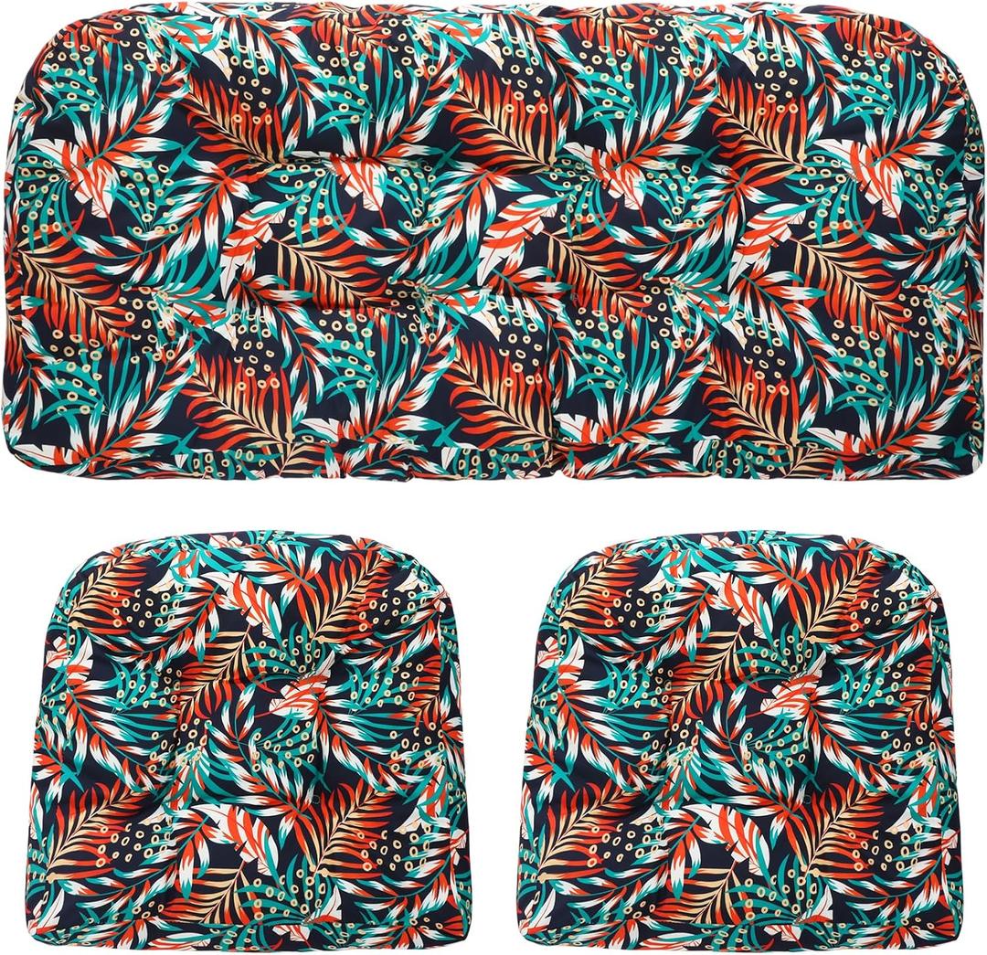 3 Pcs Wicker Chair Outdoor Cushion for Furniture, 1 Loveseat Seat and 2 U-Shape Cushion for Patio Furniture (Tropical Leaves)