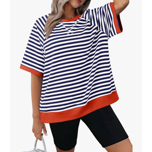 Dokotoo Oversized T Shirts for Women Crewneck Short Sleeve Casual Summer Tops Lightweight Loose High Low Blouse, White Stripes Color, M Size