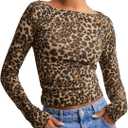 Women's Long Sleeve Leopard Print T Shirts Boat Neck Slim Fit Tee Shirts Streetwear (Medium, Multicolor)
